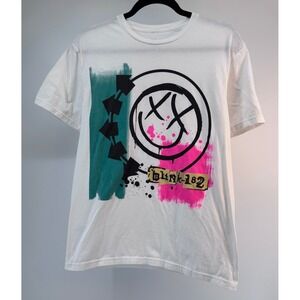 Blink 182 Smiley Face Graphic T Shirt White Band Tee Vintage Medium
